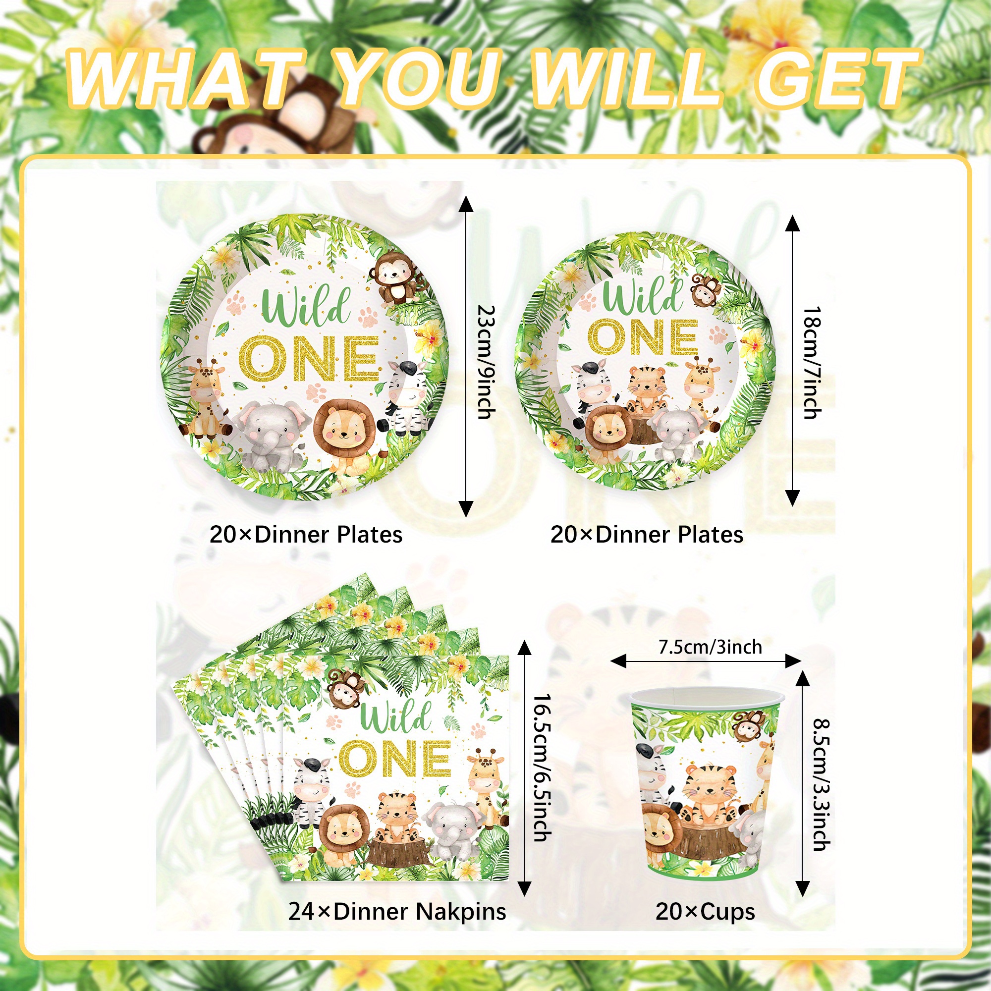 Jungle Animal Theme Party Tableware Set, Includes Paper Plates Cups Napkins, Party Supplies, Holiday Decor, Party Packs
