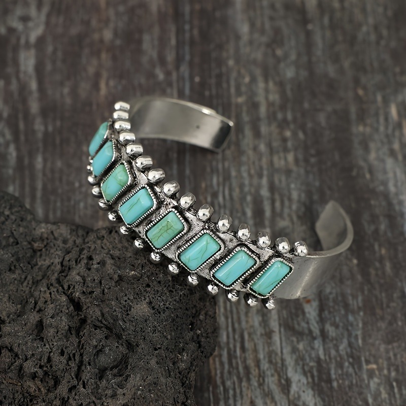TEMU Retro Western Cuff Bracelet Set - & With Genuine Turquoise Stones -collection For Style
