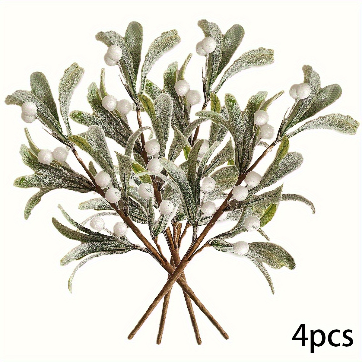 Image of Set Of 4 Frosted Picks, Featuring Artificial Branches With White Berries, Perfect For Christmas Tree Decorations, Wreaths, Holiday Parties, And Home Vases