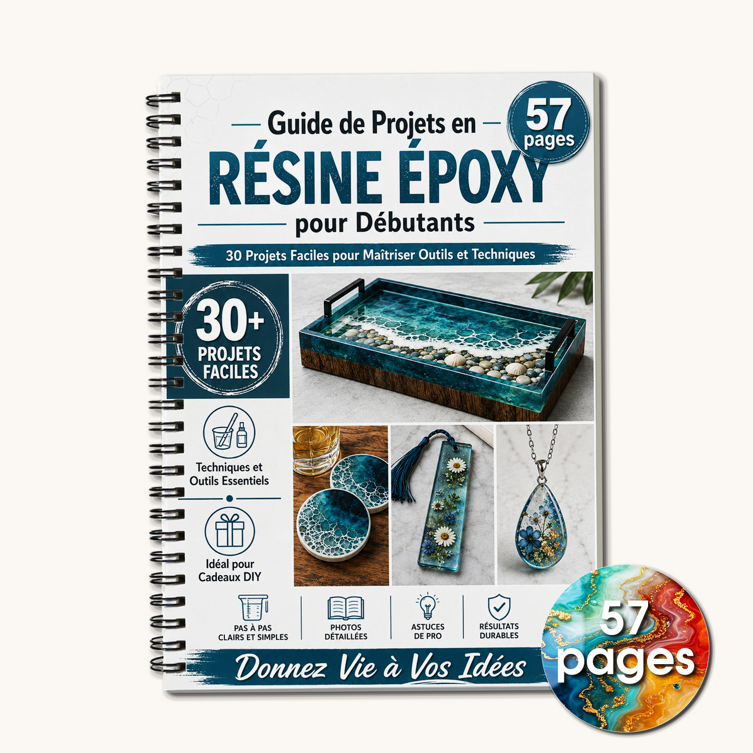 TEMU 1pc Subject Notebook, Teal Wave Epoxy Resin Cover, 57-page Resin Art Beginner's Guide, Tutorial For Trays, Ornaments, Pendants & More, For New