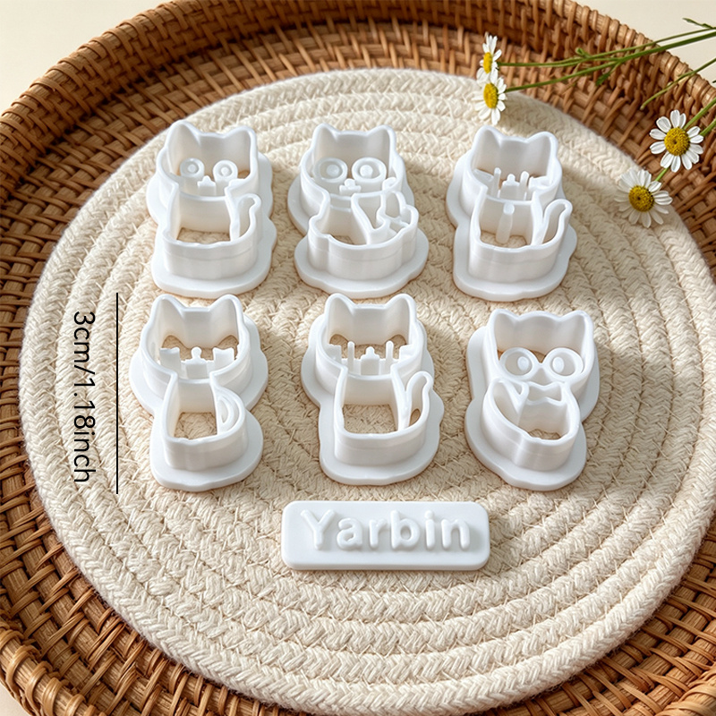 TEMU 7 pezzi Tagliaballine in plastica con motivo a gatto | Stampi riutilizzabili per goffratura per ceramica morbida, creazione di ornamenti per