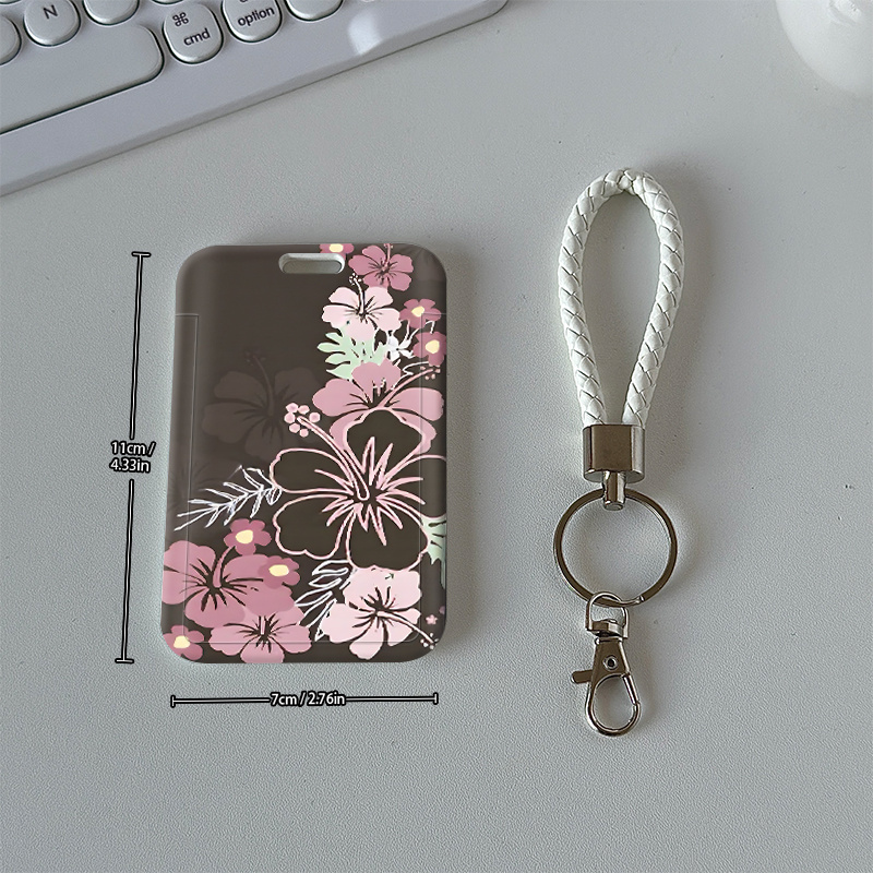 TEMU 2d 1pc Pink Hibiscus Id Card Holder Compatible For Student Id, Work Badges, Bus - Brown With Pink Flower, Anti-loss Lanyard, Card Case For Daily