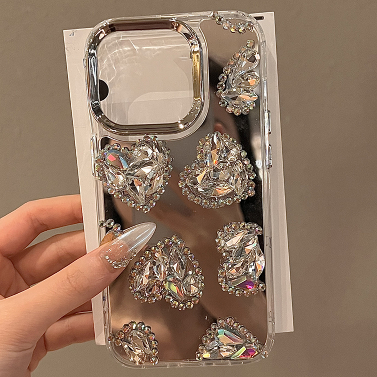 TEMU Phone Case: New High-quality Fashionable Niche Bling Bling Silvery Handmade Three-dimensional Heart-stacked Rhinestone Phone Case, Suitable For