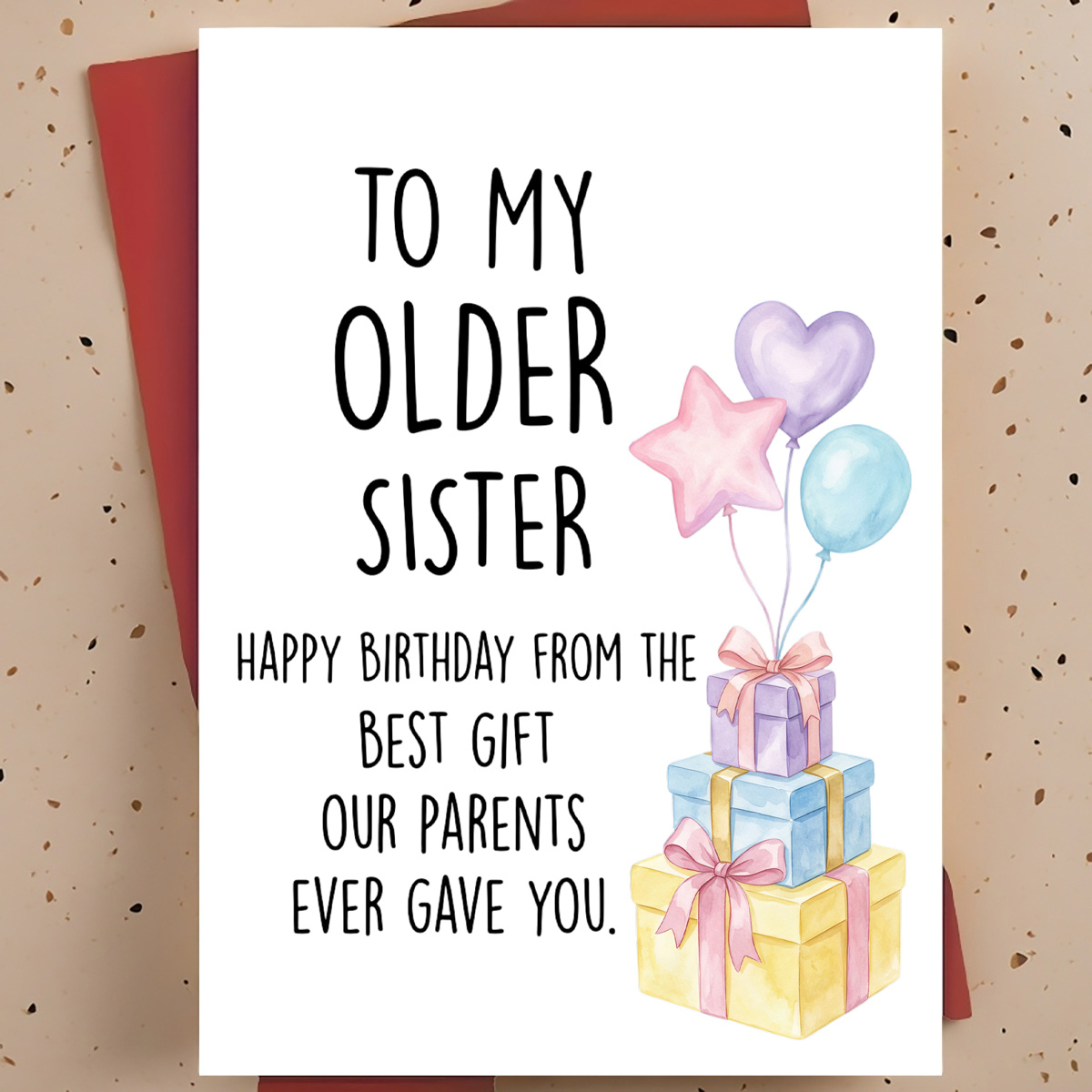 TEMU 1pc Funny Birthday Greeting Card For Older Sister, Sister – Gift Boxes And Balloons Watercolor Hand-drawn, Humorous Card, With Envelope