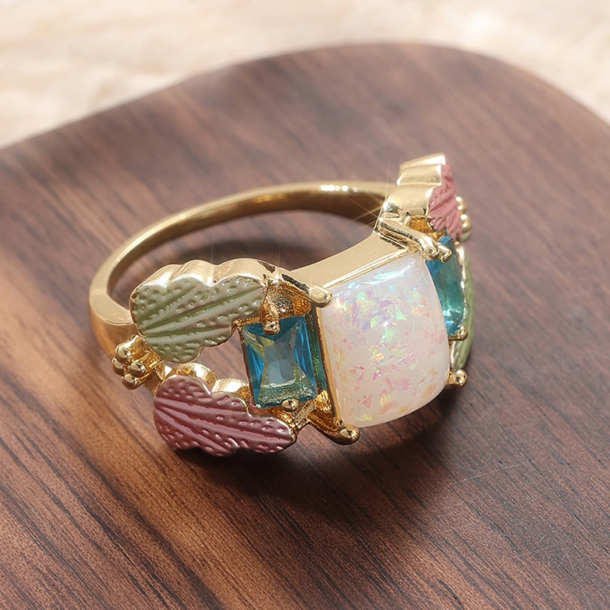Sweet Macaron-Style Colorful Leaf Square Ring