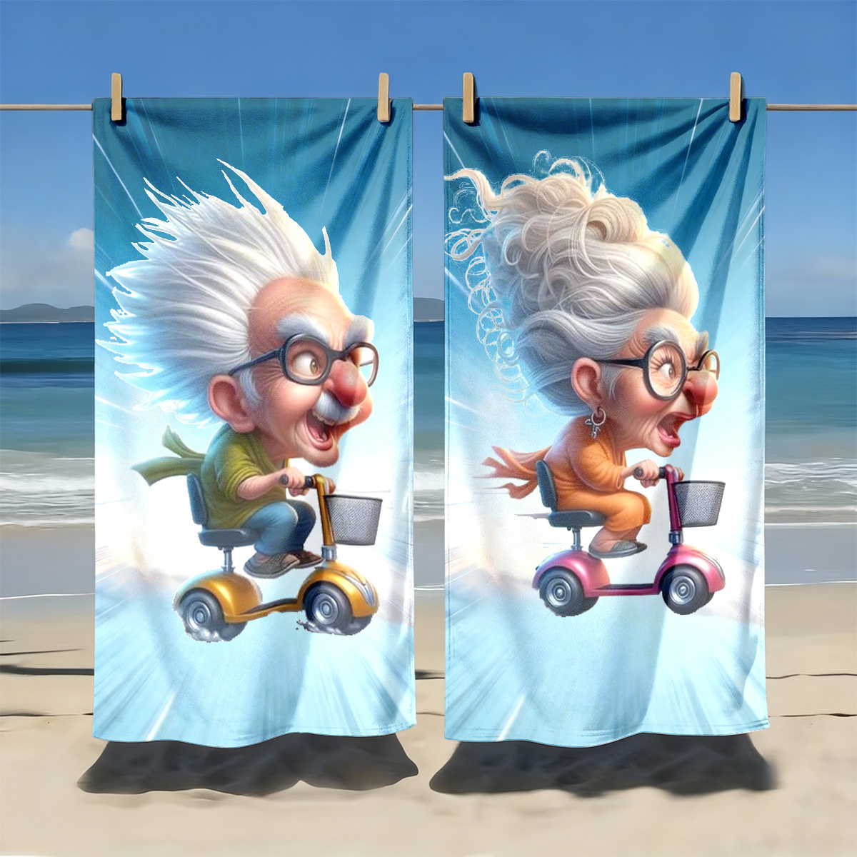 TEMU 2d Flat - 2d Flat - 2d Printing 2pcs Cartoon Elderly Couple Riding Scooter At Fun Printed Beach Towels, Easy To Carry, Soft And Comfortable,
