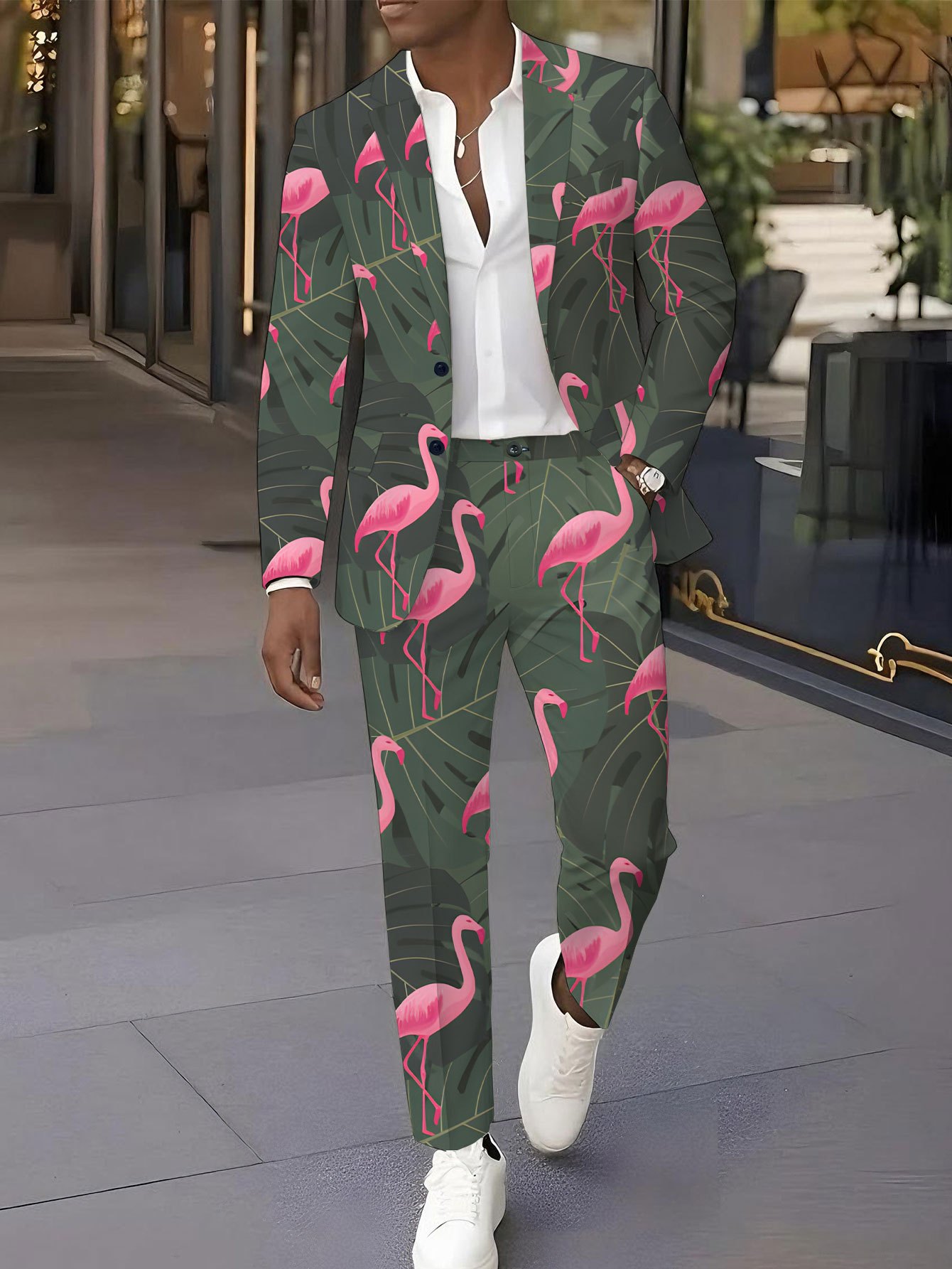 Men S Floral Print Suit Set -   Fit Long Sleeve   & Pants with   & Green Leaf Design, White Dress Shirt, Casual   Party Wedding Outfit, Wedding Attire, Stylish  , Quality Fabric