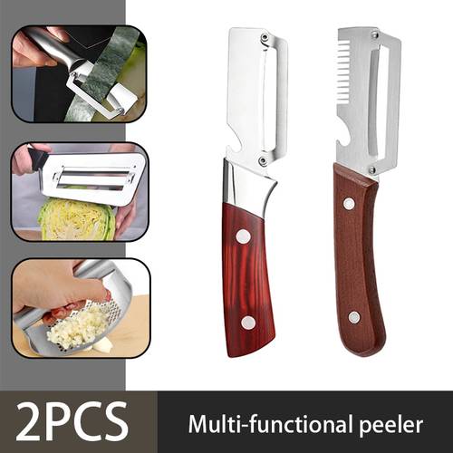 2pcs multifunctional stainless steel peeler wooden handle peeling knife for sugarcane pineapple potato household kitchen fruit vegetable peeler tool
