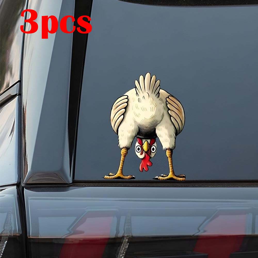 TEMU 3pcs Funny Peeking Chicken Car Stickers - Cute Cartoon Rooster Vinyl Decals, Waterproof Auto Window Bumper Stickers For Car, Truck, Suv Decor
