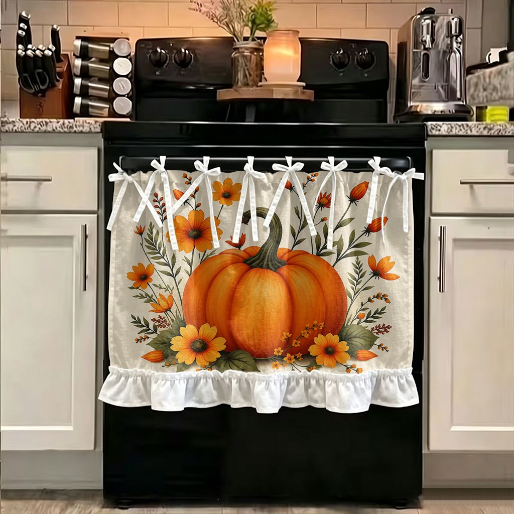 TEMU 1pc Kitchen Stove Dust Cover Cabinet Decoration Curtains 2d Printing Pumpkin And Floral Pattern Print Multi-functional Oven Protective Curtain,