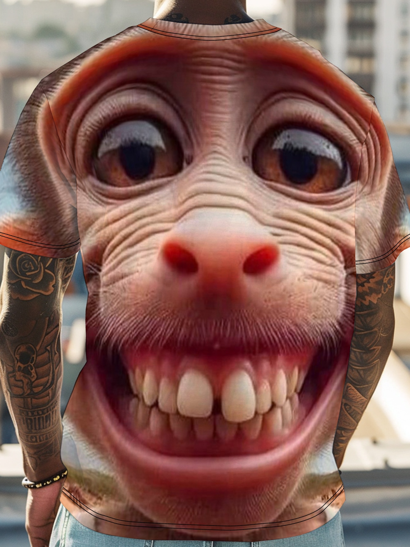 unique 3d graphic print design round neck short sleeve t shirt featuring a smiling monkey   men