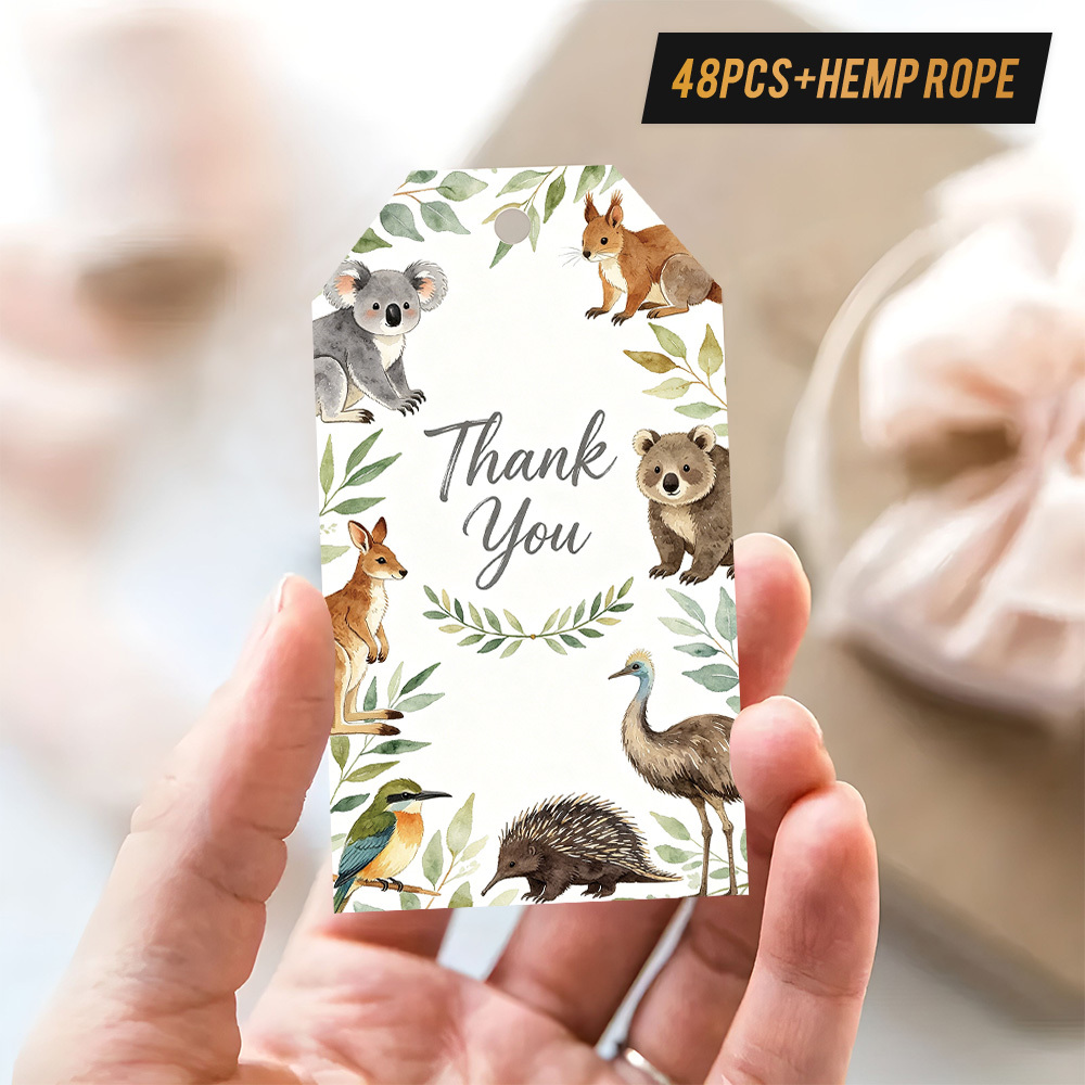 TEMU 48pcs Australian Thank You Gift Tags With Jute Rope - Watercolor Koala, Kangaroo & Emu Suitable For Birthdays, Weddings, Showers, Favors,