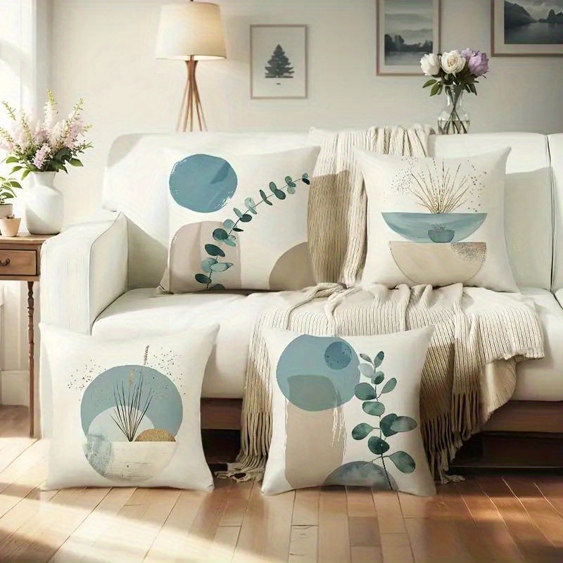 TEMU 4 Housses de coussin bohèmes abstraites avec plantes et géométriques, 18X18 pouces, design moderne eucalyptus, polyester, fermeture éclair -