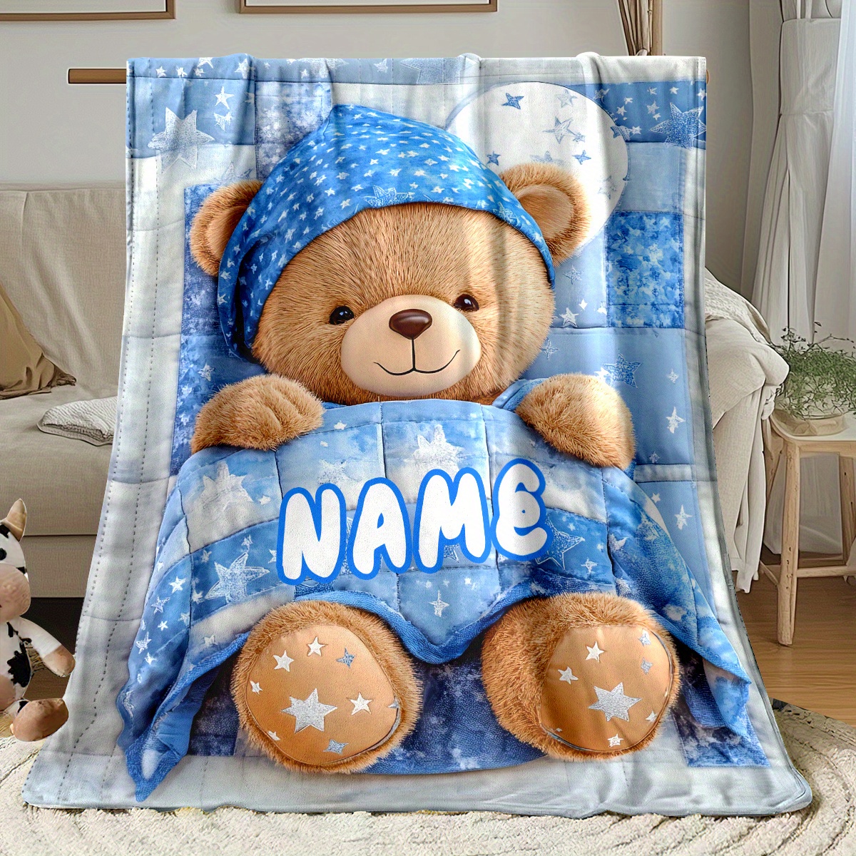 TEMU Couverture en flanelle personnalisée avec bleu – Douce, légère, chaude – Option de nom personnalisé – Adorable motif d'étoiles – Parfaite pour
