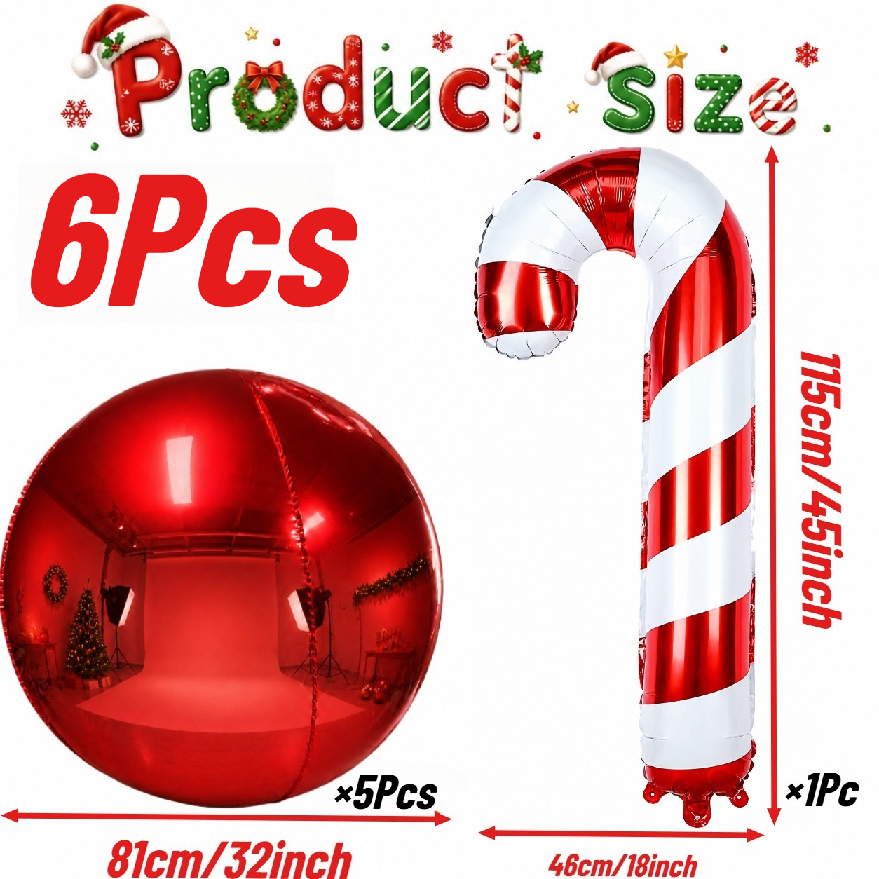 TEMU 6pcs Set Of 5pcs 32-inch Red 4d Aluminum Foil Balloons And 1pc 45-inch Red And White Striped Candy Cane Balloon, Christmas Balloons, Christmas