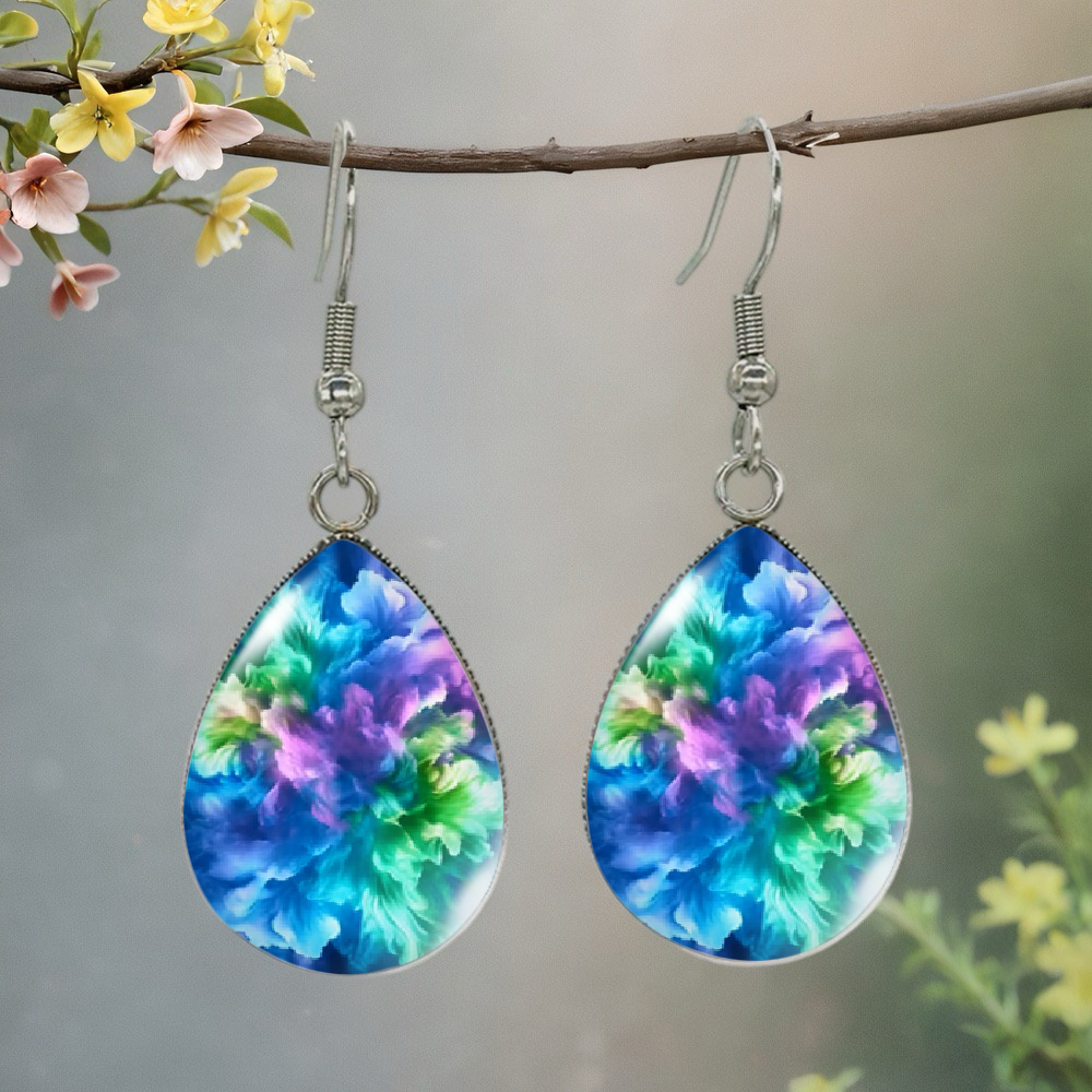 TEMU 1 Pair Of Blue And Purple Gradient Floral Pattern Drop Earrings - Style Dangling Jewelry Gift