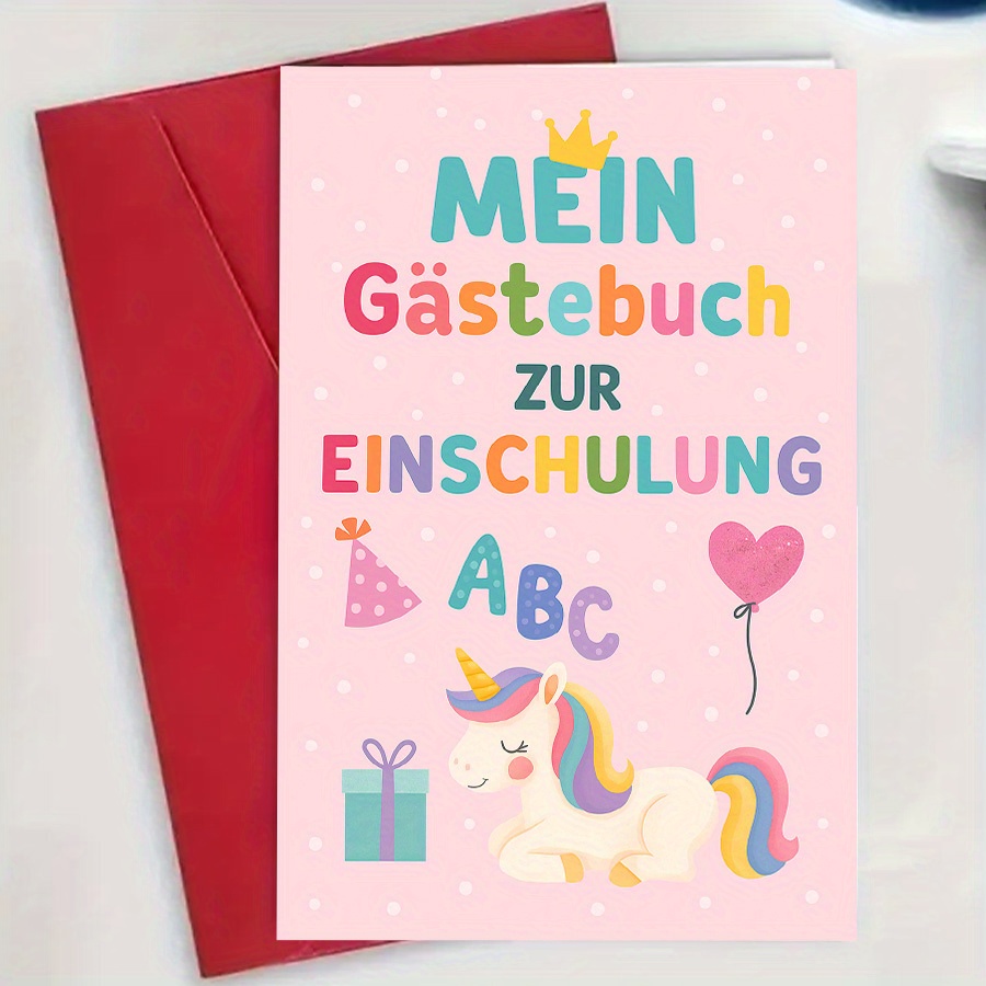 E-shop Ein lebendiges Einhorn-Gästebuch, entworfen für die Schulanmeldung, was es zu einem idealen Geschenk für Liebste macht, um neue Anfänge und