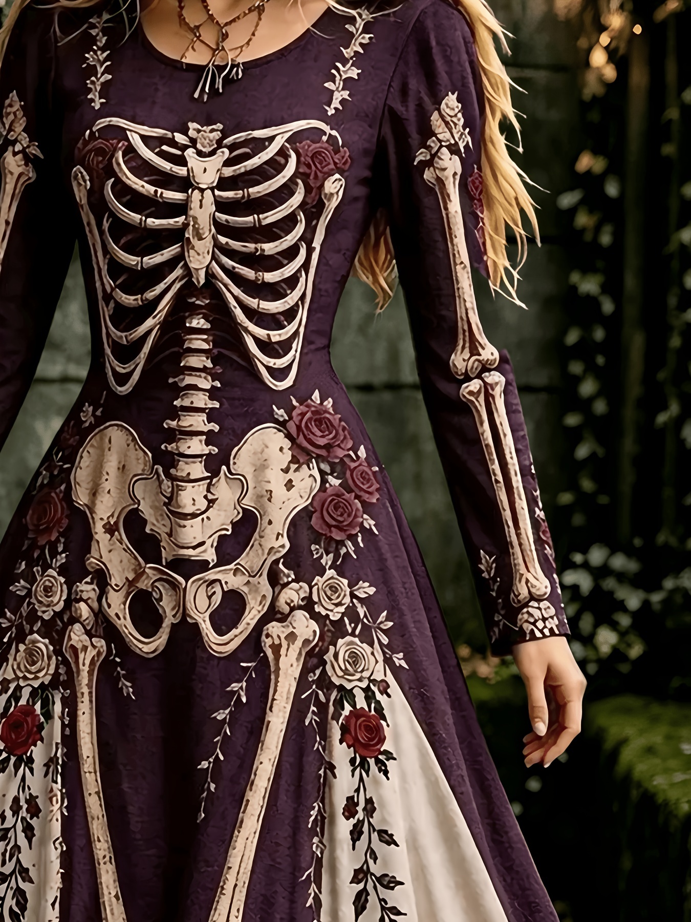 selling 1000 orders a day halloween skull rose print long sleeve womens dress vintage round neck maxi dress   cosplay gown comfortable
