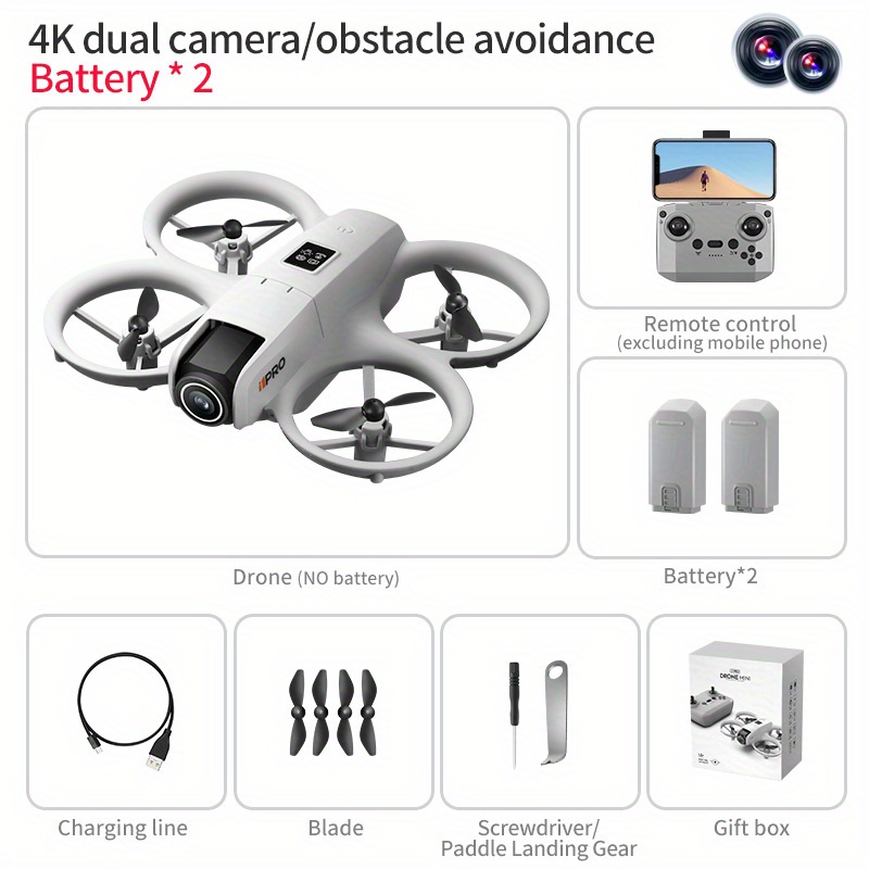 TEMU I1 Pro 4k Dual-camera Drone, 180° Camera Steering, Dual Batteries, Intelligent Obstacle Avoidance, Positioning, 360° Roll, Gyroscope, One-button