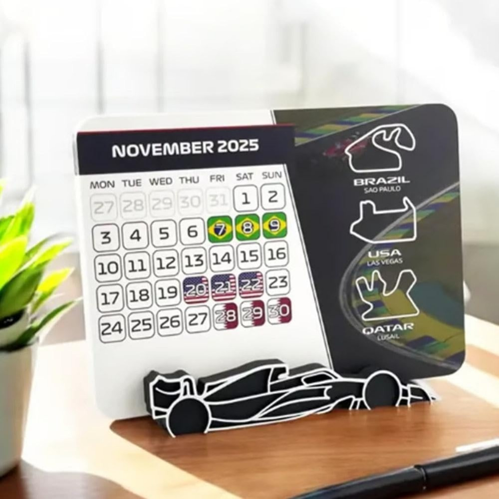 

1pc 2025 Racing Theme Desk Calendar, Paper Material, English Language, With Silhouette & Symbols, Perfect Gift For Racing Enthusiasts