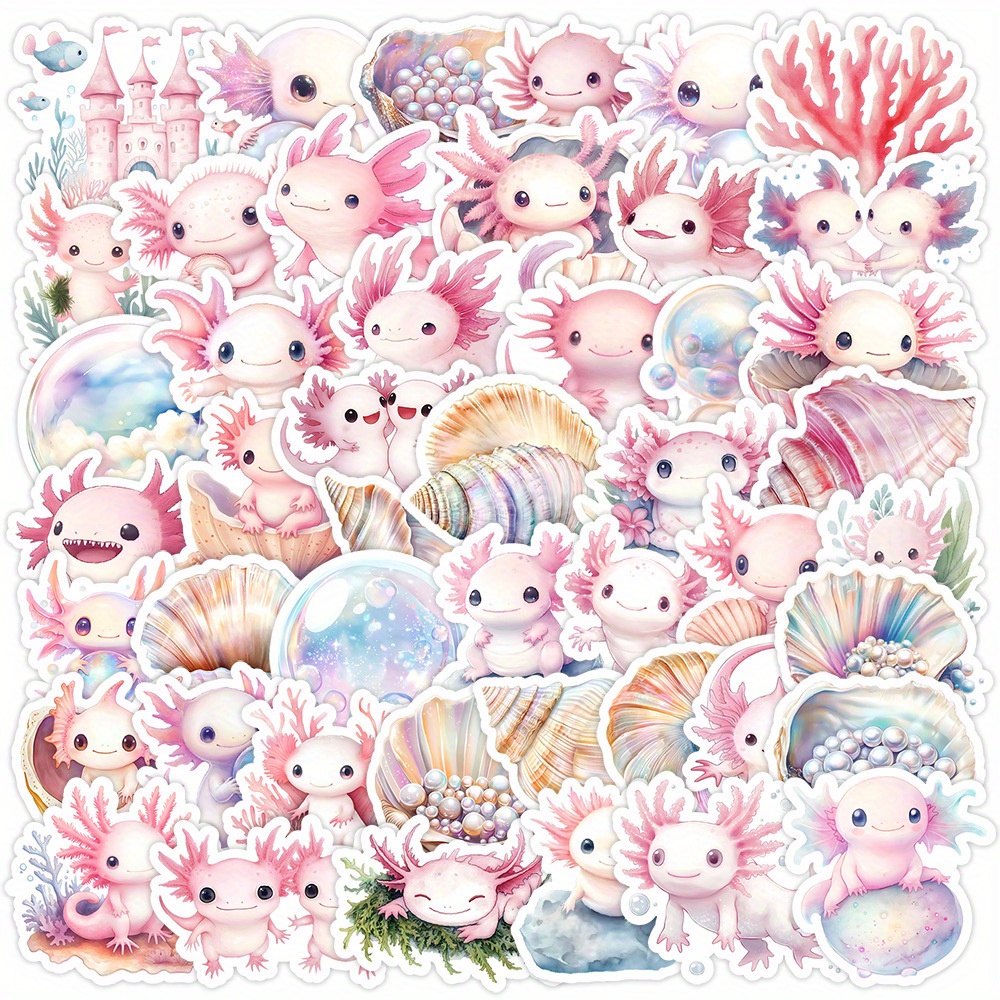 Image of 50pcs Pink Axolotl Pet Cute Cartoon Graffiti Stickers, Aesthetics Stickers Water Bottle, Skateboard, Journaling, Scrapbooking Decals Party Supply