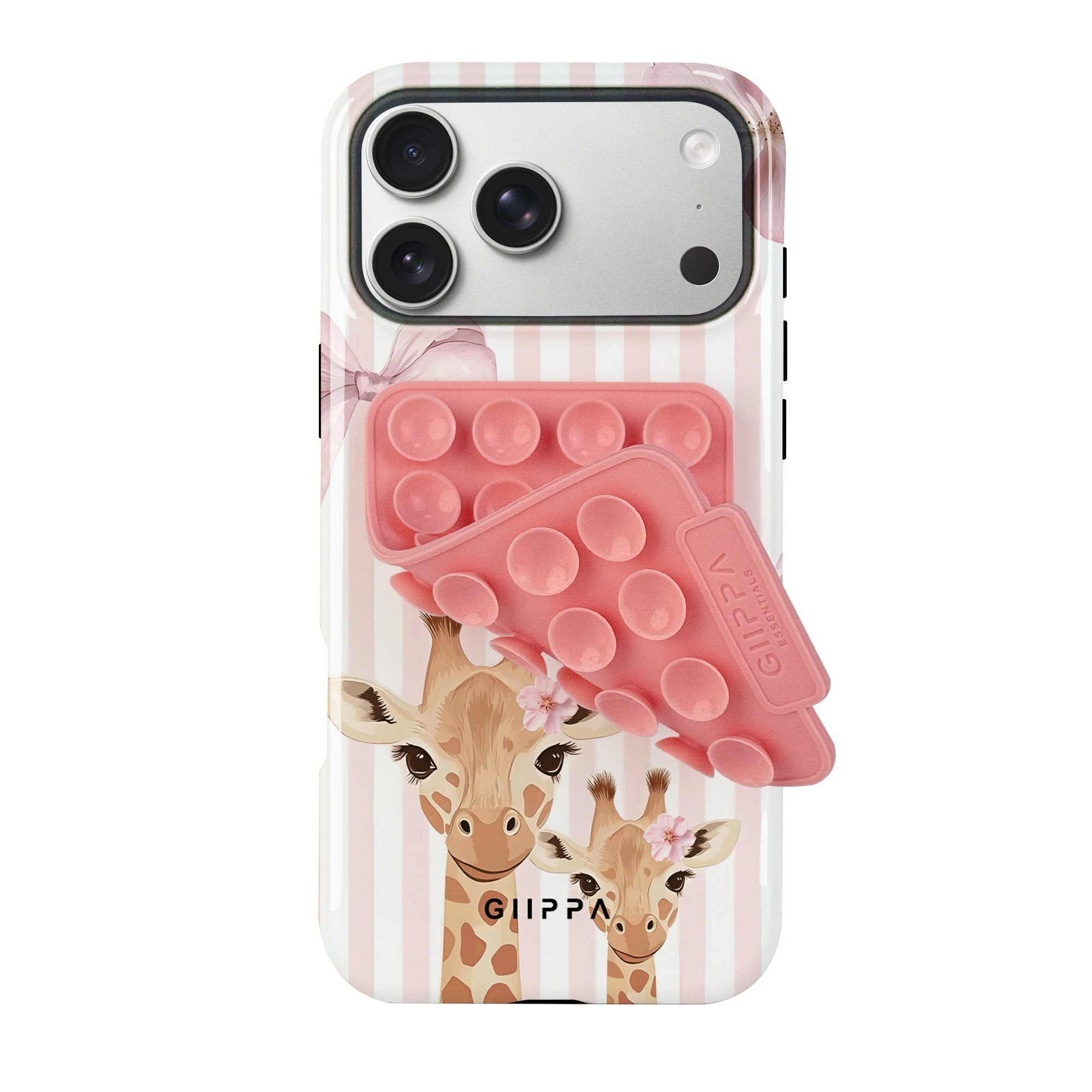 TEMU Phone Case: Cute Giraffe Glossy Film Case & Pink Suction Cup Set/tough Dual Layered/superior Protection/durable/phone Case For Iphone