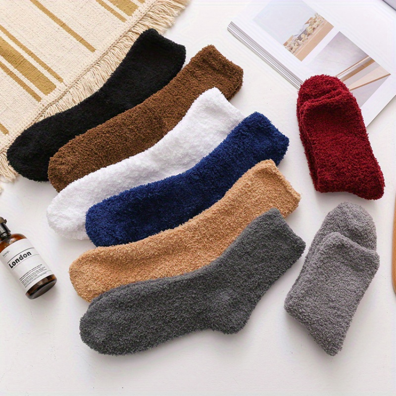 

Coral Fleece Socks For Men In Autumn And Winter, Thickened Warm Floor Socks For Home Use, Mid Length Men's Socks For Sleep, Solid Socks