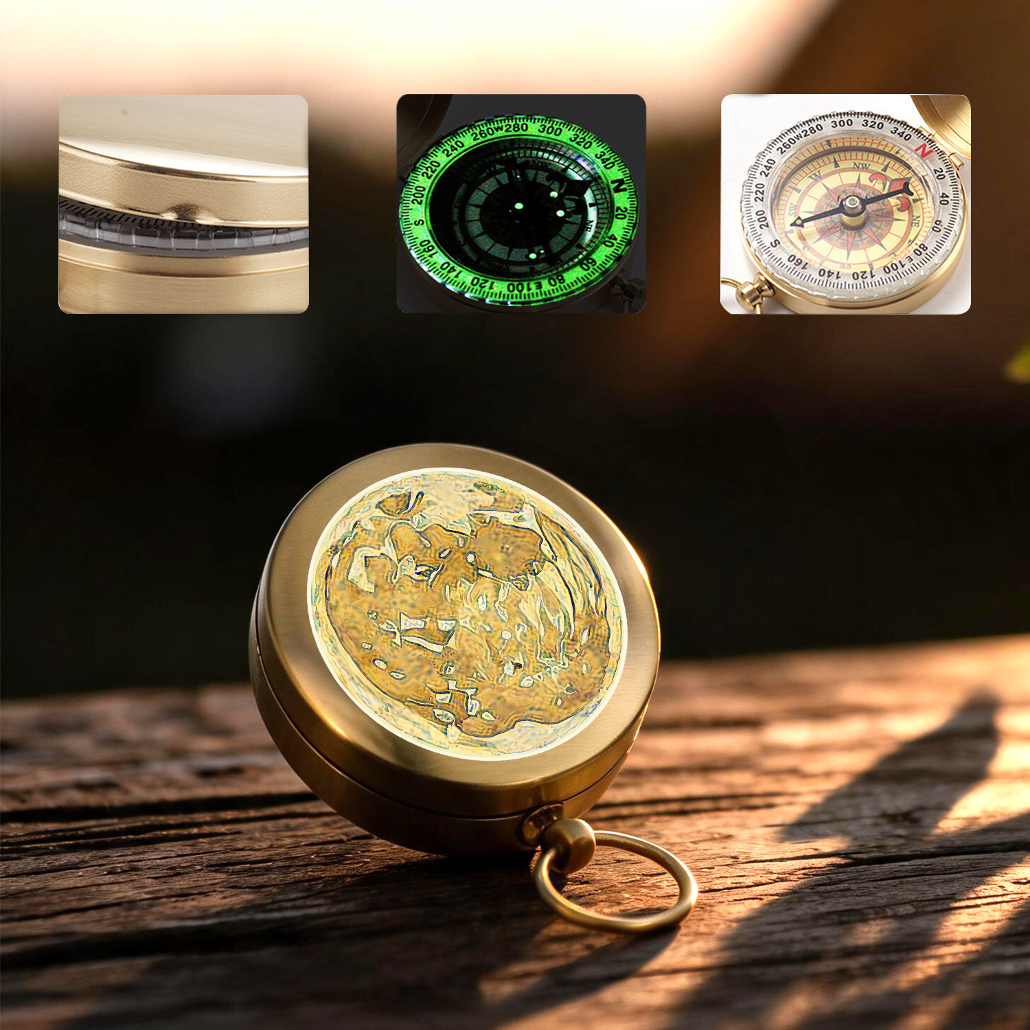 1 pancake vintage pure copper flip cover pocket compass waterproof mini portable compass with key ring for camping hiking climbing travel survival outdoor navigation tool Product details 3
