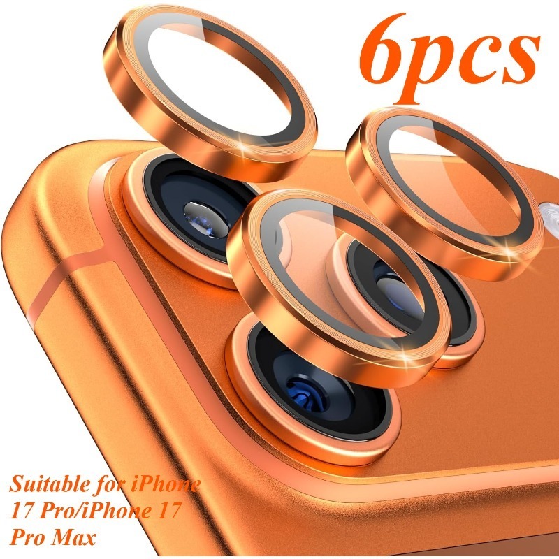 6pcs Camera Lens Protector for iPhone 17 Pro/iPhone 17 Pro Max, HD Tempered Glass Cover with Metal Lens Screen Protector Ring, Orange, Phone Camera Protection, Fashionable Phone Accessory, Durable Phone Accessory, Phone Screen Protector, Modern Phone
