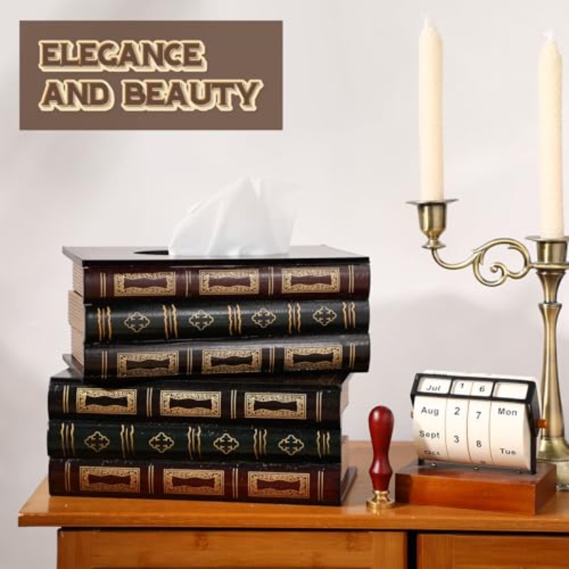 2pcs wooden retro book tissue box cover antique tissue box cover rectangular classical novelty paper holder dispenser medieval home decor for living room   car kitchen, car organizer,  ce decor, classical style, medieval aesthetic,  , durable wood, decorative dispenser, vintage lovers, home stylists Product details 5