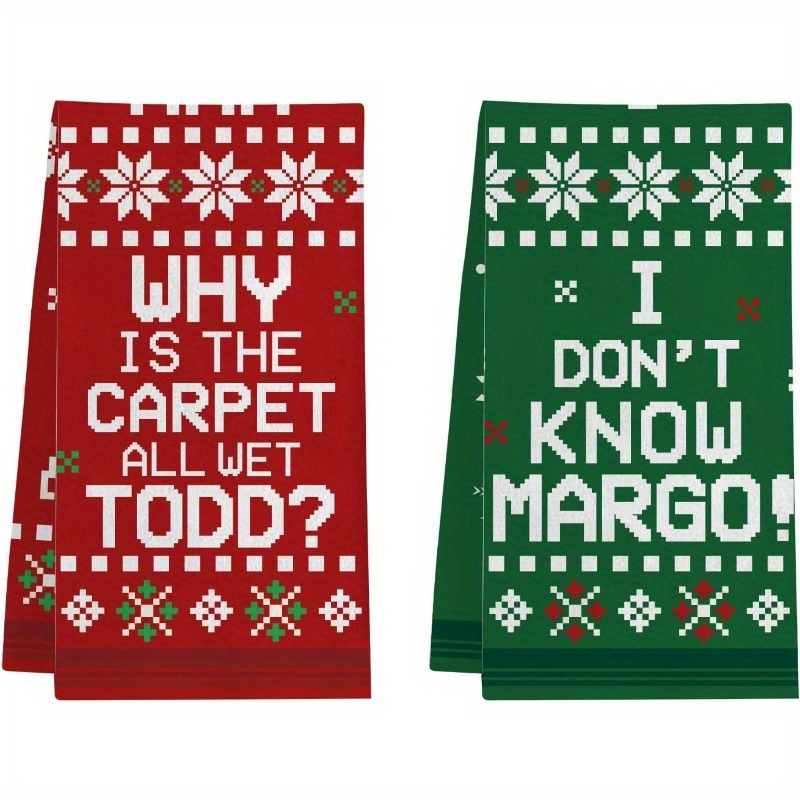 

2pcs Polyester Christmas Towels, 18x26 Inches - Kitchen & Bathroom Decor With Humorous Quotes "why Is All Wet " & " " - , Machine Washable Hand Towels In Red & Green, Hand Towels For Bathroom