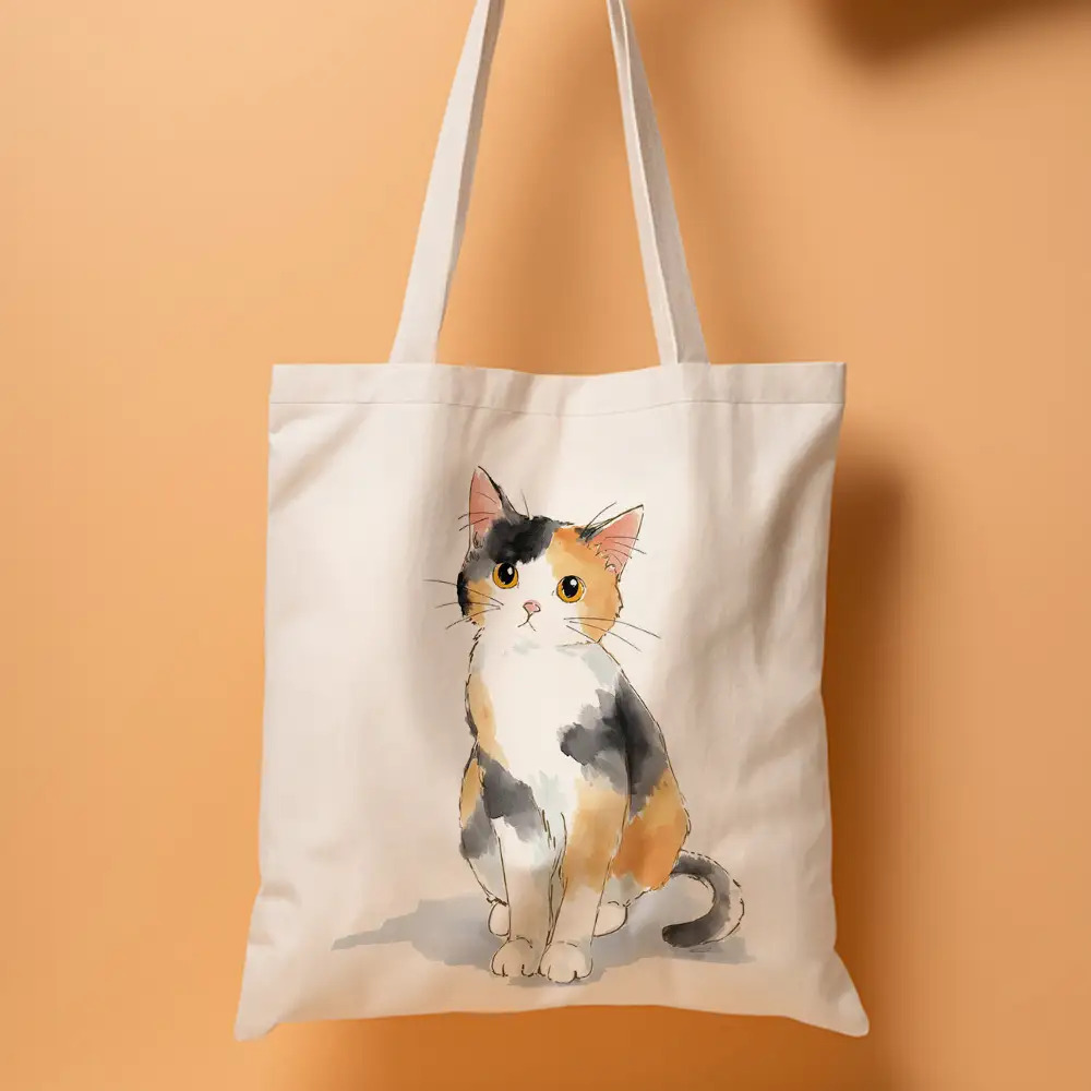 TEMU 1 de bolsa tote con estampado 2D que un adorable gato calico en colores beige, negro, naranja y . Esta bolsa de supermercado reutilizable es