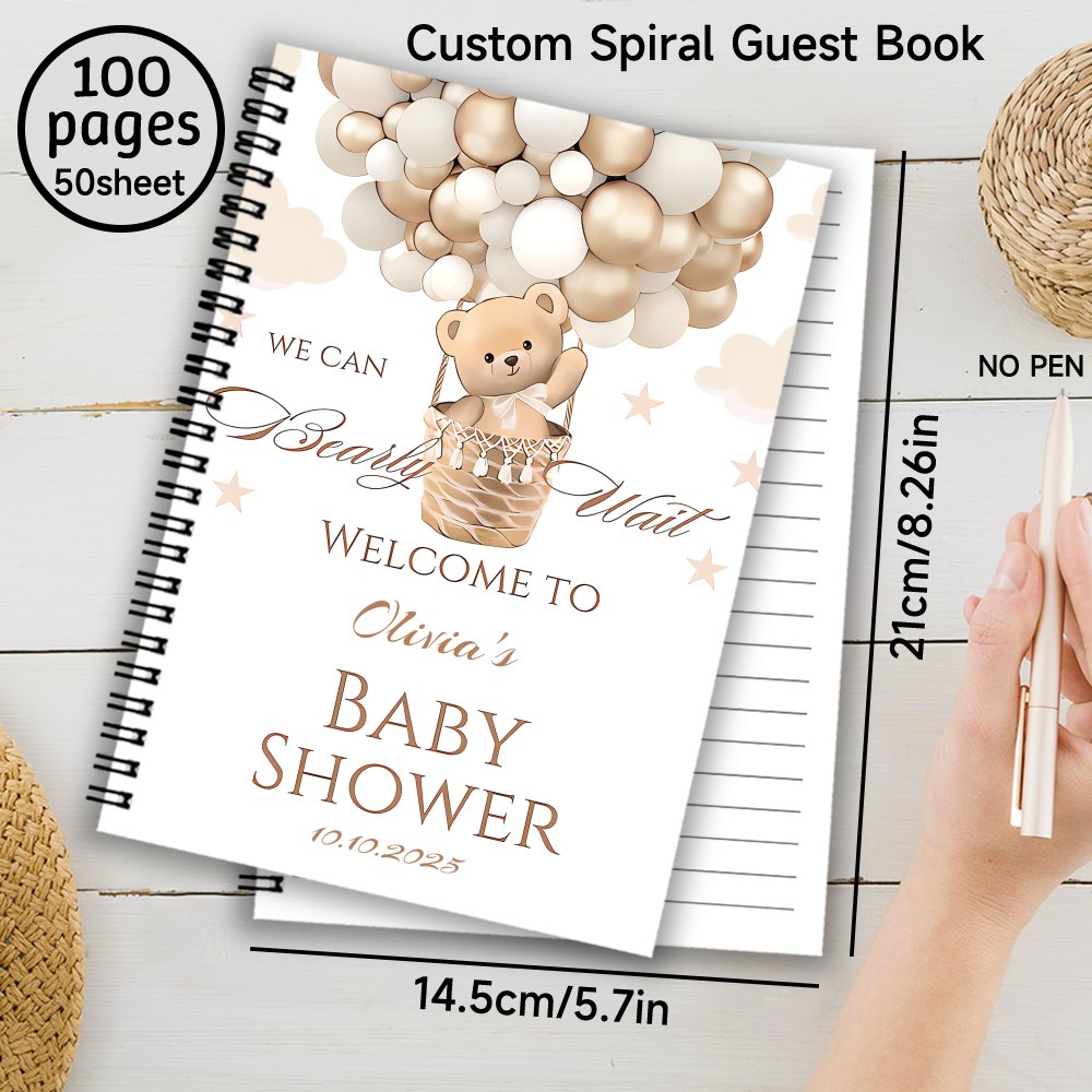 TEMU Custom Spiral Baby Shower Guest Book, 1pc Personalized Baby Shower Guest Book - Custom Reception Keepsake With Adorable Bear Air , Woven Basket