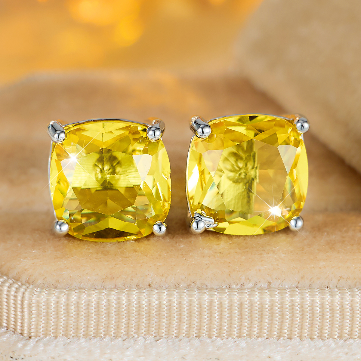 Large Square Colored Gemstone Stud Earrings, Exquisite Design