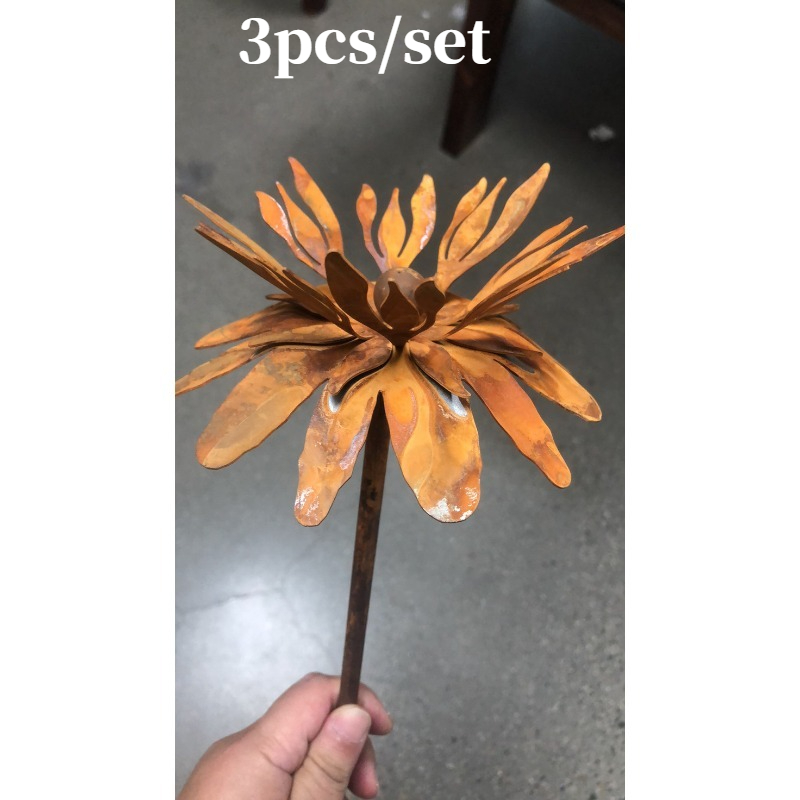 [3d] [3d] 3pcs - Outdoor Garden Decoration, Rusted Metal Garden Stake With Three-dimensional Multi-layered , . Vintage-style Courtyard Lawn Landscape