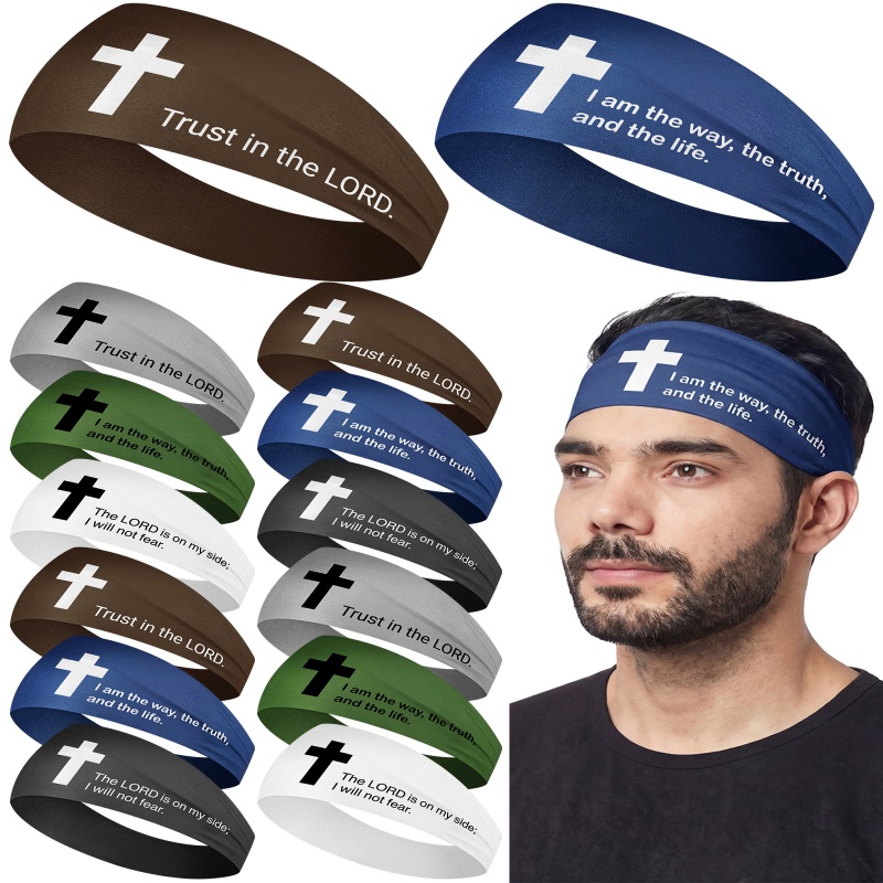 12 Sports Headbands, Faith Cross Headband Sports Headband, Headband Can Absorb Sweat from Forehead and Cheeks, Suitable for Jogging, Cycling or Gym Exercise