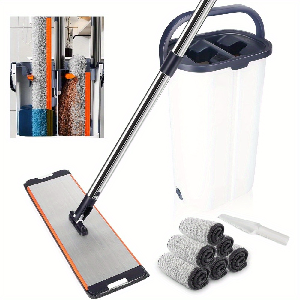 1 Set Flat Mop With Wringing Bucket 6 Microfiber Mop Pads Extended Handle For