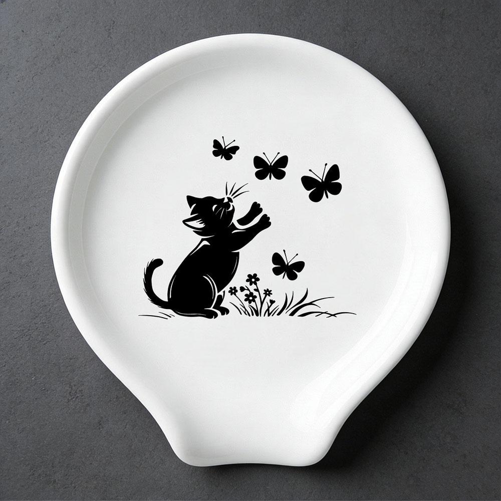 TEMU Black Cat & Butterflies Ceramic Spoon Rest, Minimalist Silhouette Design, White Ceramic Utensil Holder For Stove Top & Kitchen Counter, Cute