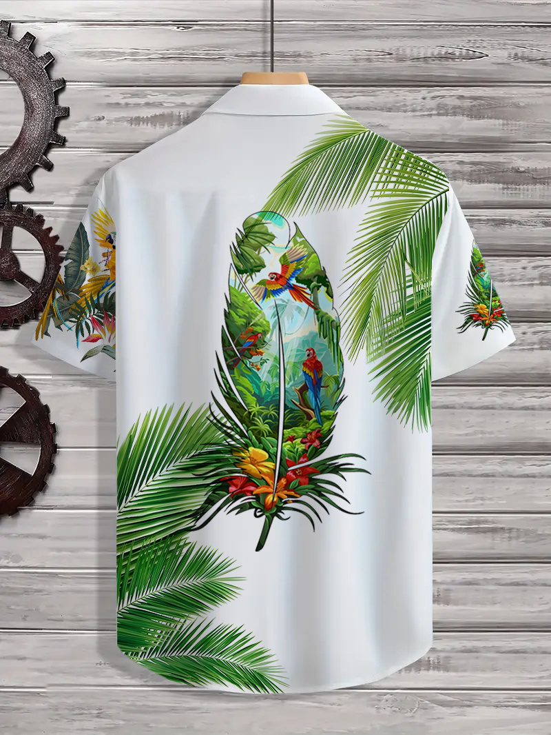 Men'S Hawaiian Shirt - Tropical Palm Tree & Parrot Print Button-Up Collar Short Sleeve Shirt, Loose Fit Beach Vacation Shirt for Surfing, Pool, Casual Outings - Lightweight Summer Clothing, Beach Clothes, Poolside Attire, Breathable Fabric