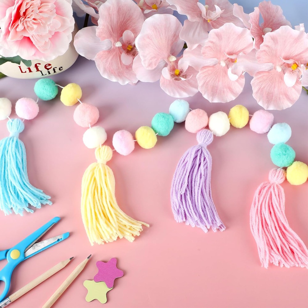 TEMU Guirlande de 1/2/3 Pompons à Franges avec Bannière de Boules en Feutre Colorées - Suspendus Multicolores Adaptés pour la Rentrée Scolaire,