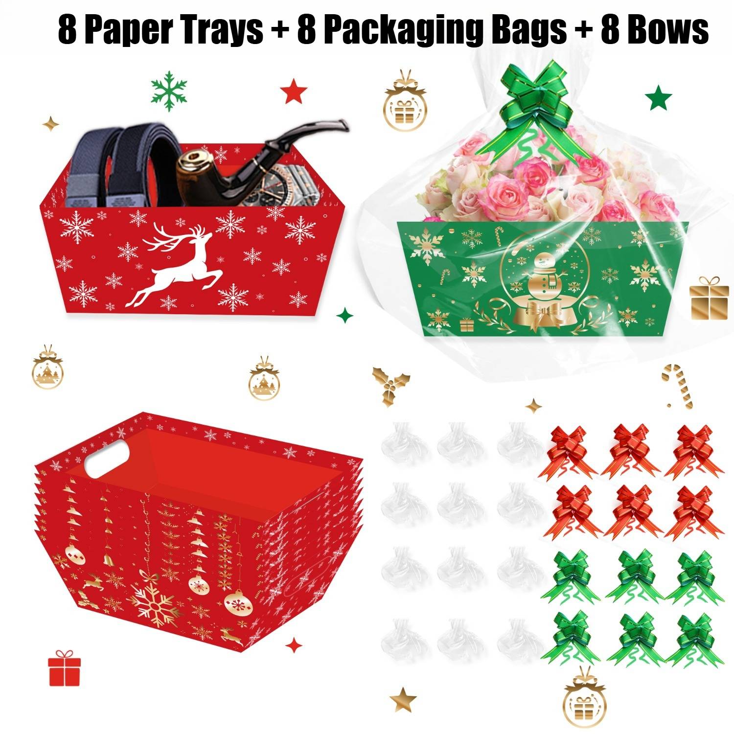 TEMU 8 plateaux en papier, 8 sacs d'emballage et 8 nœuds, ensemble de plateaux de paniers en papier sur le thème de de Noël, des et des bonhommes de