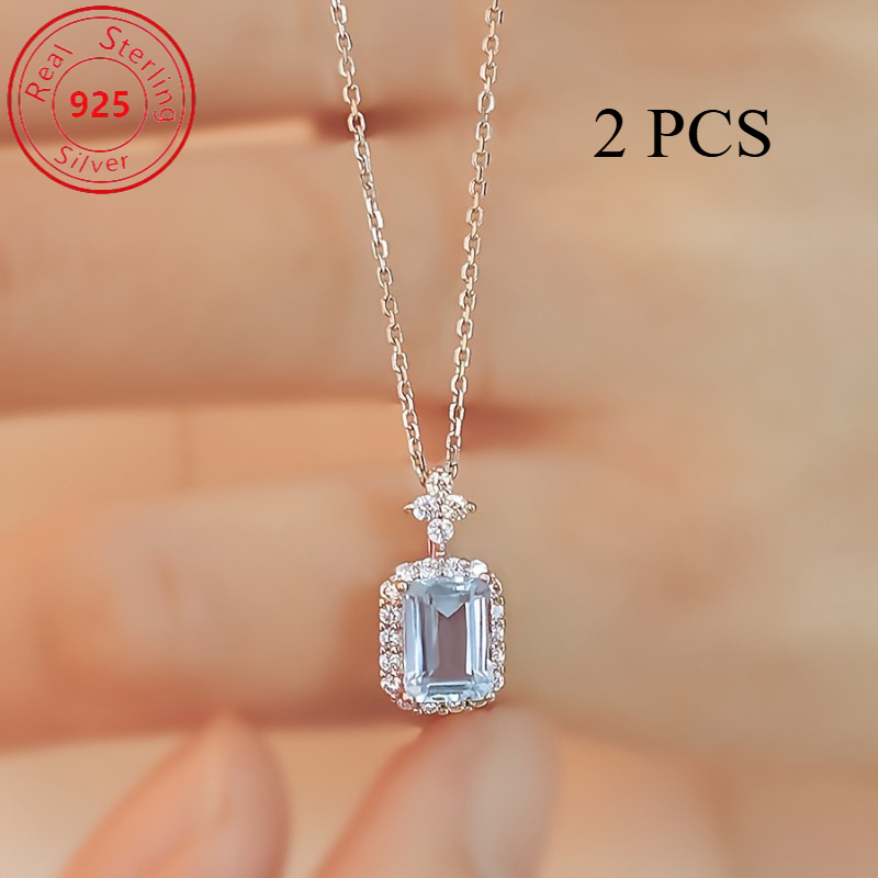 TEMU 2 Pieces S925 Sterling Silver - Elegant Cubic Shaped Pendant Necklace - Exquisite Fashion With Sparkling Synthetic Zirconia - Perfect As A
