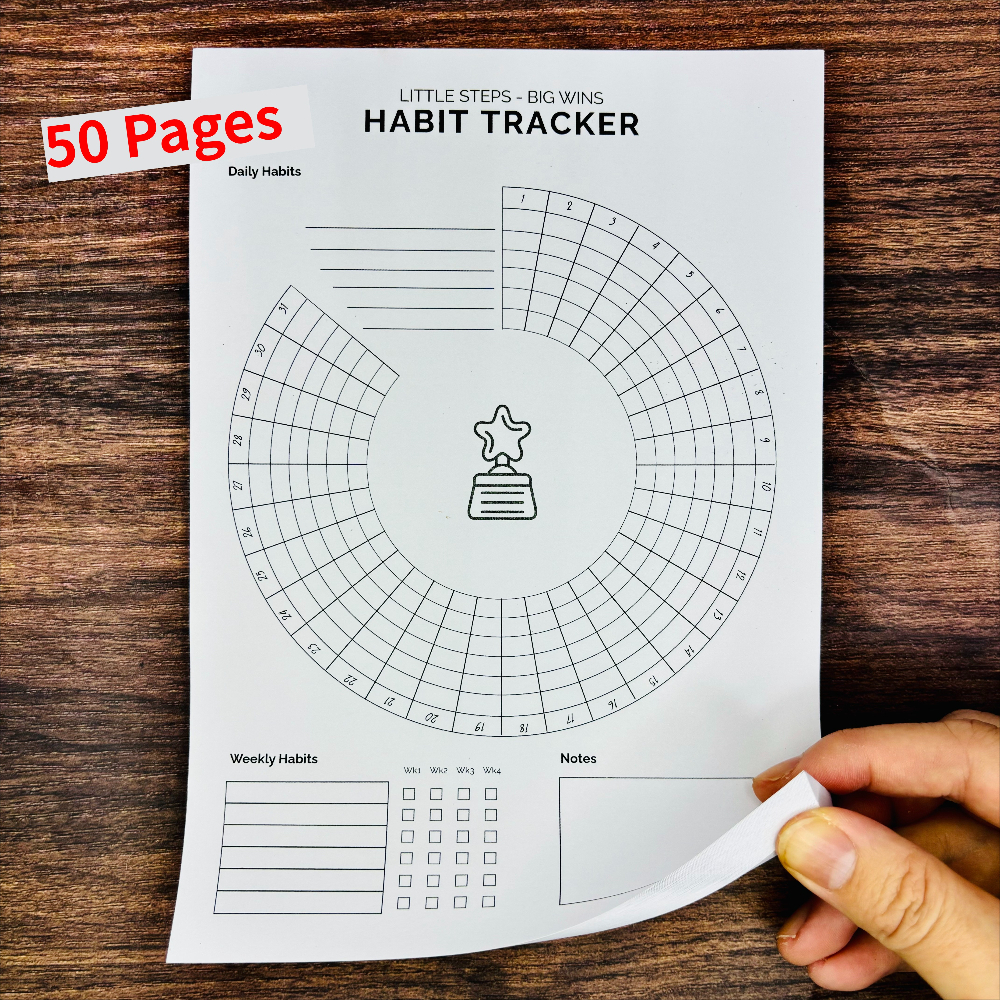 E-shop Rundes Gewohnheits-Tracking-Buch | 'Little Steps-Big Wins' Themen-Design, unterteilt in tägliche/wöchentliche Gewohnheits--Bereiche, mit