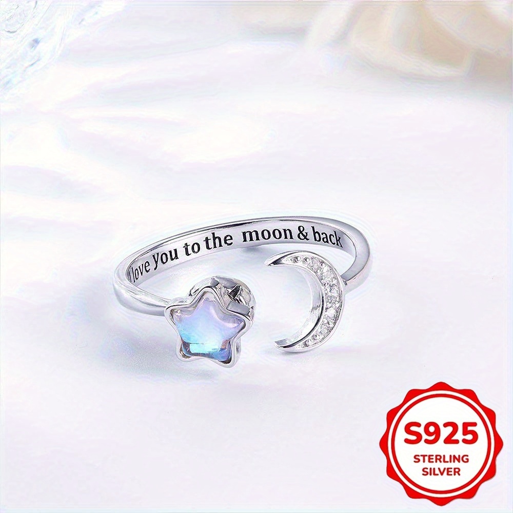 TEMU Adjustable Spinner Ring Made Of 925 Sterling Silver, Featuring Cz Moon And Star Designs, Y2k French Style. This Open Knuckle Promise Engagement