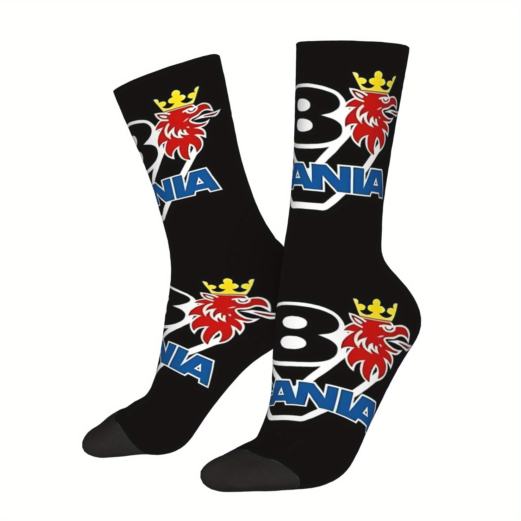 

1pc V8 Truck Enthusiast Men's Crew Socks - Comfortable Polyester With Elasticity, Black With Graphics, All-, Knit Fabric, 300gsm - Casual Wear