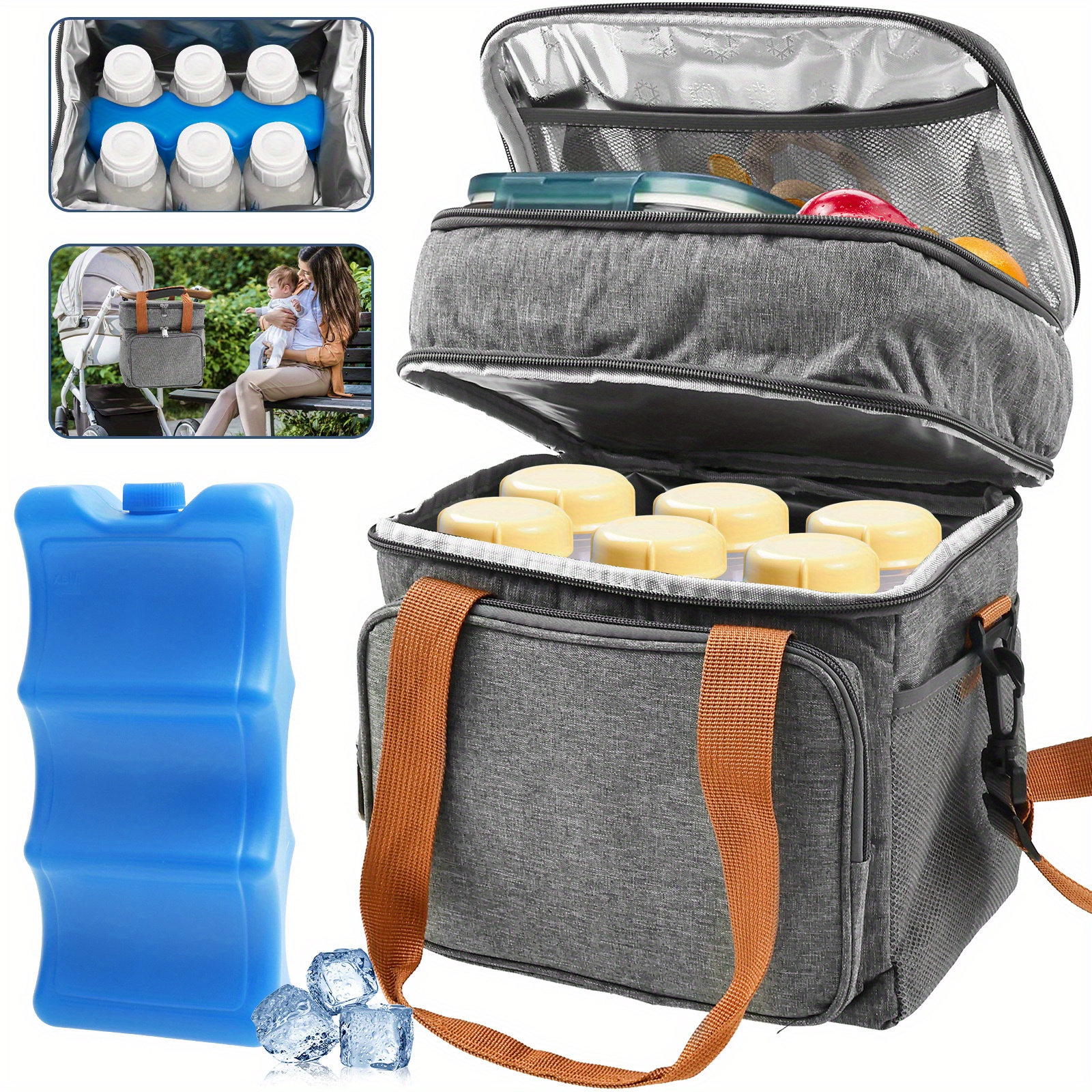 Insulated Breastmilk Cooler Bag with Ice Pack - High Quality Leakproof Thermal Tote, Double Layer Milk Storage Organizer with Shoulder Strap, Large Capacity Nursing Bag for  , Travel, Daycare, Picnic - Oxford Fabric & EVA Lining, Gray