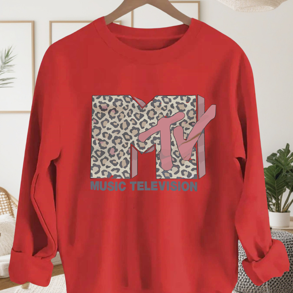 

Women's Chic Leopard Print 'mtv' Graphic Sweatshirt - Cozy Crew Neck, Long Sleeve, Polyester - Ideal For Fall & Spring