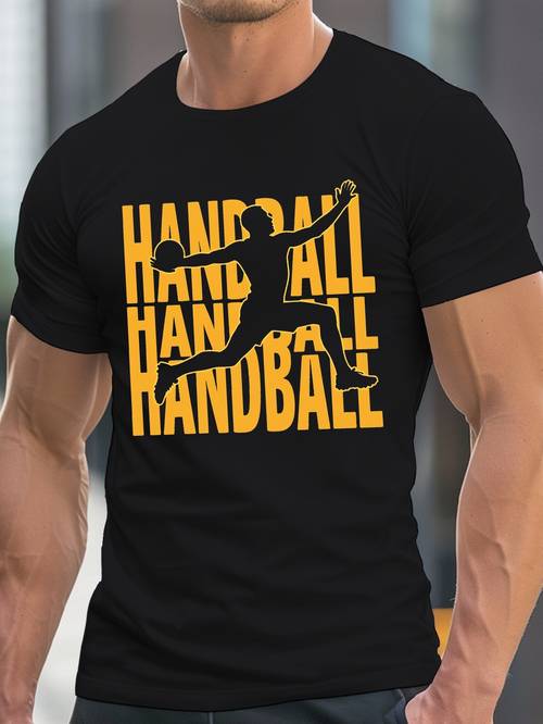 mens handball training t shirt with handball player action print breathable short sleeve round neck summer sports apparel for handball enthusiasts casual wear white yellow athletic top