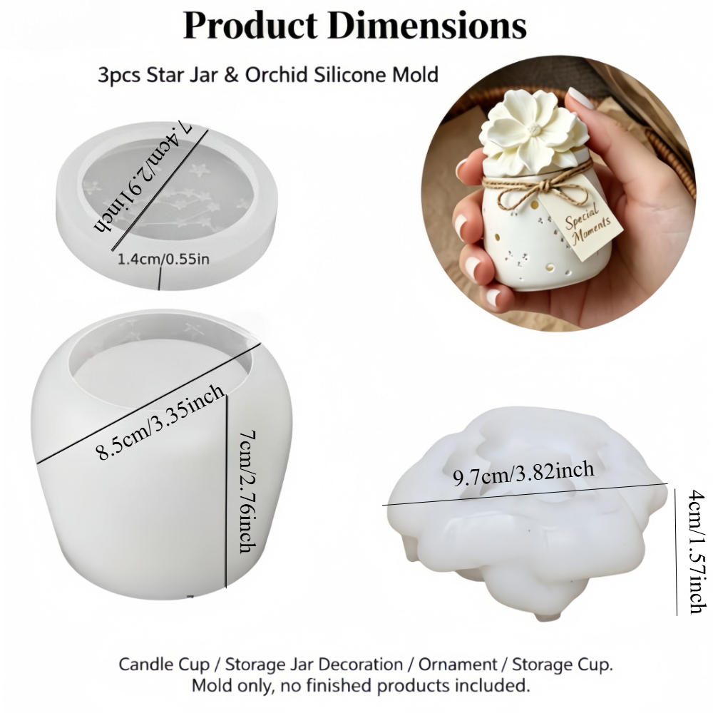 3pcs Silicone Jar Mold Set, Star Constellation And Flower Lid Resin Mold For Candle Holder, Storage Container, Home Decor, Perfect For Christmas, Wedding Gift Craft Projects