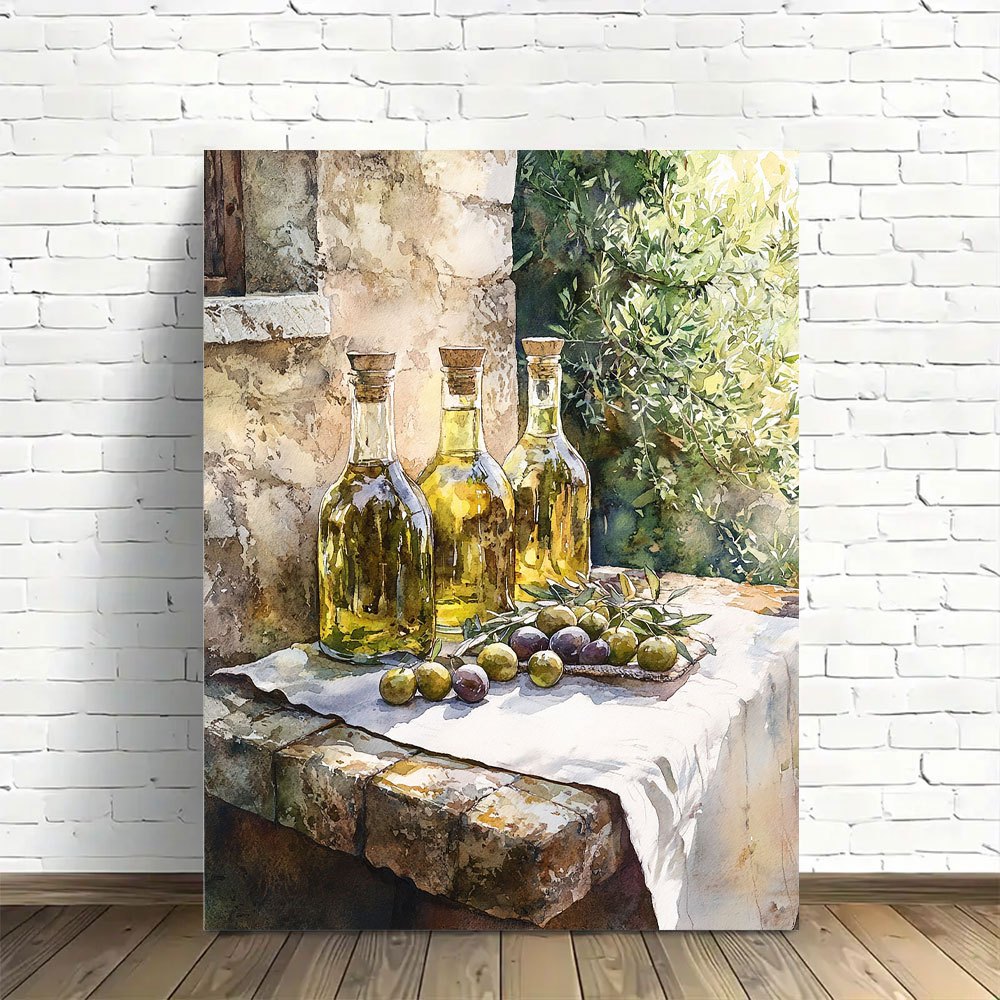 

1pc Rustic Wooden Canvas Painting, Olive Oil Bottle And Olives Watercolor Artwork, Ready To Hang Wall Decor For Home, Bathroom, Kitchen - Ideal Gift For Her And Him, Canvas Wall Art, Room Decor